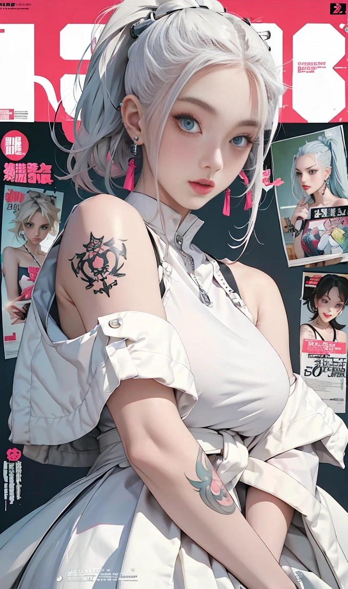 Best quality, Works of masters, A high resolution, 1girl, Super beautiful face, super beautiful eye, Super beautiful platinum white mohawk hair，(MagazineCover:1.2)，Trendy Harajuku-inspired rock outfits，Expose shoulders, tons of tattoos and piercings, accentuated super huge enormously gigantic nude  and nipples exposed 