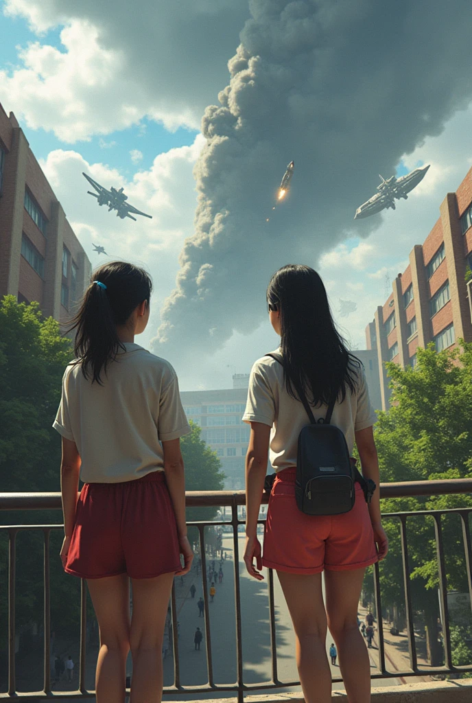 Female students from CCH UNAM watching from the railings of a building as spaceships destroy their school