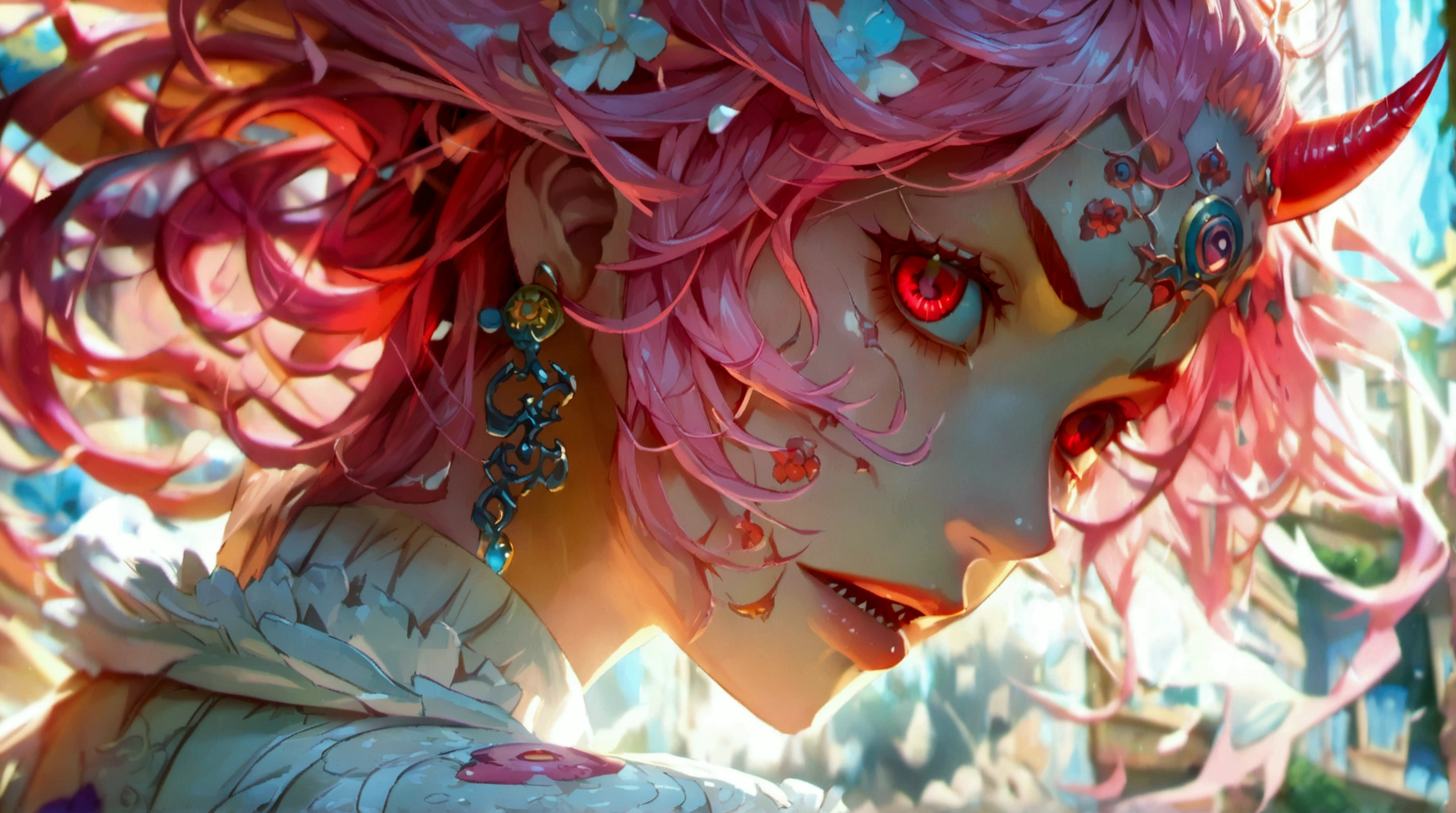 Woman, pink hair, small red horns, red eye with circular pupils, sharp teeth, crazy face, wearing white formal wear, destruction scene, ((Intricate anime character design inspired by One Piece)), ((Stunning lighting)), ((Fine lines)), ((Stunning focus)), ((Centered character)), ((Stunning face)), ((Detailed focus)), ((Detailed background)), ((Ultra-fine 2D design)), ((Creative backdrop)), ((2D masterpiece)), ((Best quality)), ((8K anime style)), ((Full body))