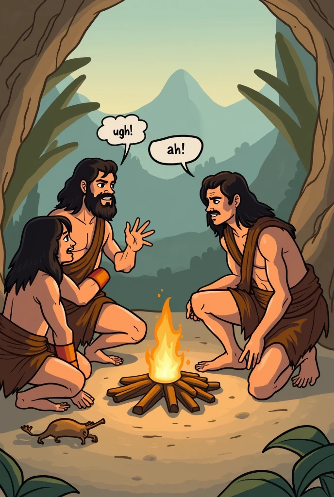 Page 1: Introduction Panel 1:
• Bottom: Draw a prehistoric landscape with a cave in the center, simple trees, and mountains on the horizon. Add a lit fire near the cave.
• Characters: It shows three primitive characters dressed in animal skins., around the fire. Two of them are trying to communicate, but it seems that they do not understand each other.
• Dialogues and Thoughts: Add speech bubbles with sounds like “Ugh!” and “Ah!” and draws expressions of confusion on the characters' faces.
Page 2: Development Panel 2:
• Characters: The protagonist is making elaborate gestures to communicate. The other characters are watching with curiosity.
• Dialogues and Thoughts: Includes speech bubbles with exclamations of surprise such as “Look!!” or “What does it do??”.
Panel 3:
• Action: The protagonist is using a stone to draw a simple figure, like a sun or an animal, on the cave wall.
• Dialogues and Thoughts: Add a thought bubble from the protagonist with something like “This will help you understand me better.”!” Page 3: Panel 4 Resolution:
• Characters: Characters are now using gestures and symbols to communicate more effectively.. Show a satisfied expression on their faces.
• Dialogues and Thoughts: Use speech bubbles to show that you are happy to understand each other., like “We get it”!” or “It works!”
Panel 5:
• Final Scene: Los personajes están celebrando su éxito en la comunicación around the fire, maybe sharing food or telling stories.
• Dialogues and Thoughts: Includes a final text that summarizes the main idea, like “And so, Little by little, Early humans learned to use symbols and sounds to communicate better.”