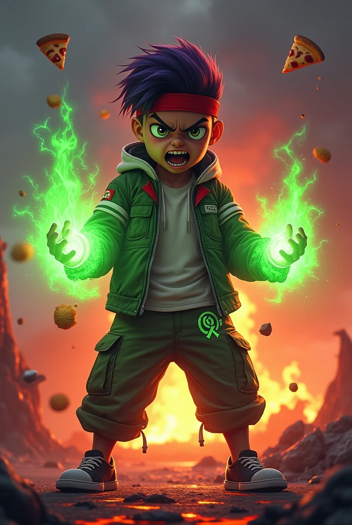 a man real teenage 12year old bangladesh, nepal (fat body. belly fat chubby body type.) sharp eyes. chubby face. dark skin. man . Anger face. Open mouth. wear headband red whitr. . wearing an (green red stripe jacket) future shirt . anger faces, short hairstyle . Dramatic.. stand on lava ,( camouflauge green)cargo pant,, detailed face, cinematic lighting, dramatic atmosphere,.hot day. vibrant colors, 8k, high quality, photorealistic. Hero suit.. ha,army green logo design on pant . Very strong. Future design dress. Very epic. Very hot background.. dark sky. Very strong . . Flying floating pizza, candy. chocolate bar everywhere..Shadow power from hand Floating small rock everywhere.have a power turn anything to the food. ((glowing yellow ))green two finger on both side. upper tilt shift shoot photograpy.
