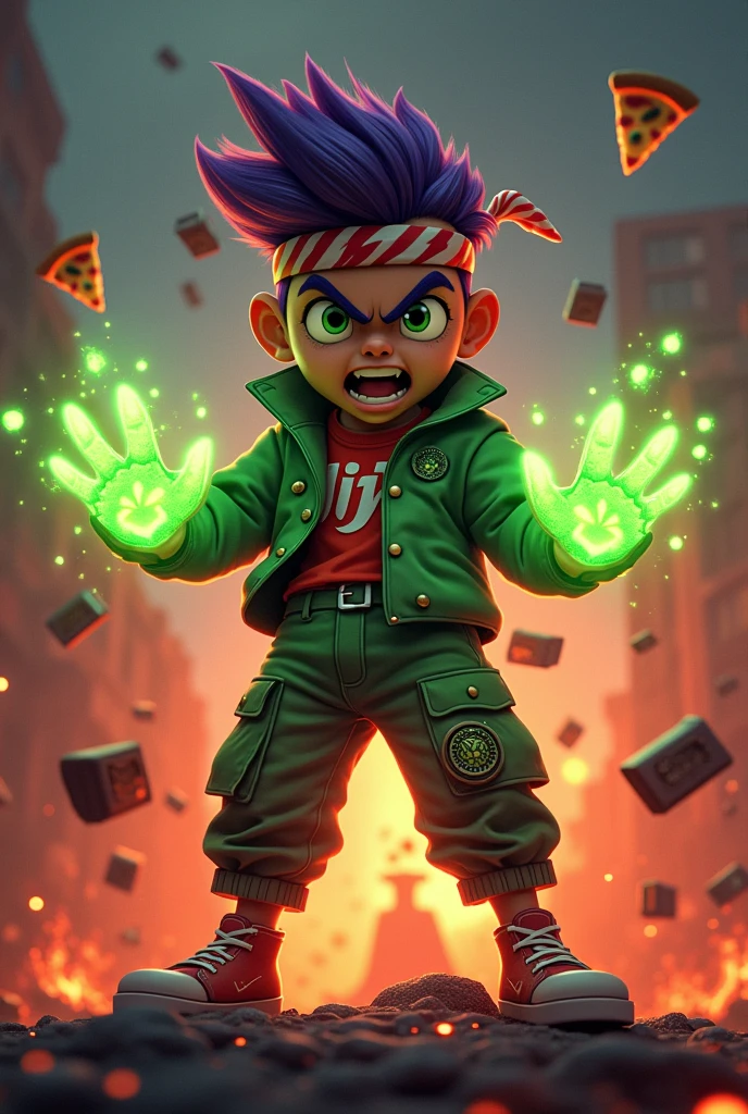 a man real teenage 14 year old bangladesh, nepal Malaysia Indonesia.) sharp eyes. chubby face. dark skin. man . Anger face. Open mouth.headbband red whitr. . wearing an (green red stripe jacket) future shirt . anger faces, short hairstyle purple. Dramatic.. stand on lava ,( camouflauge green)cargo pant,, detailed face, cinematic lighting, dramatic atmosphere,.hot day. vibrant colors, 8k, high quality, photorealistic. Hero suit.. hand light green power dark power from his hand. Glowing magic element magic elment from hand, ember everywhere . ,army green logo design on pant . Very strong. Future design dress. Very epic. Very hot background.. dark sky. Very strong . . Flying floating pizza, candy. chocolate bar everywhere..Shadow Imitation sharp shape power from hand .rasengan . at volcano Damage building. Floating small rock everywhere. kamehameha
