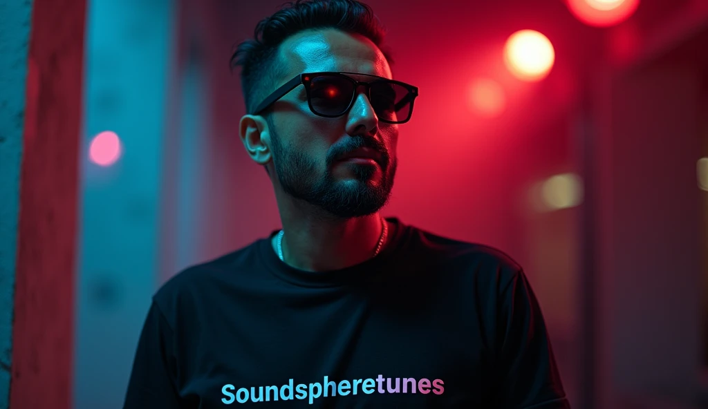 a rocker dome wearing sunglasses, a black t-shirt that says SoundSphereTunes, detailed facial features, detailed clothing, high quality, photorealistic, cinematic lighting, dramatic shadows, moody atmosphere, vibrant colors, epic scale, intricate details