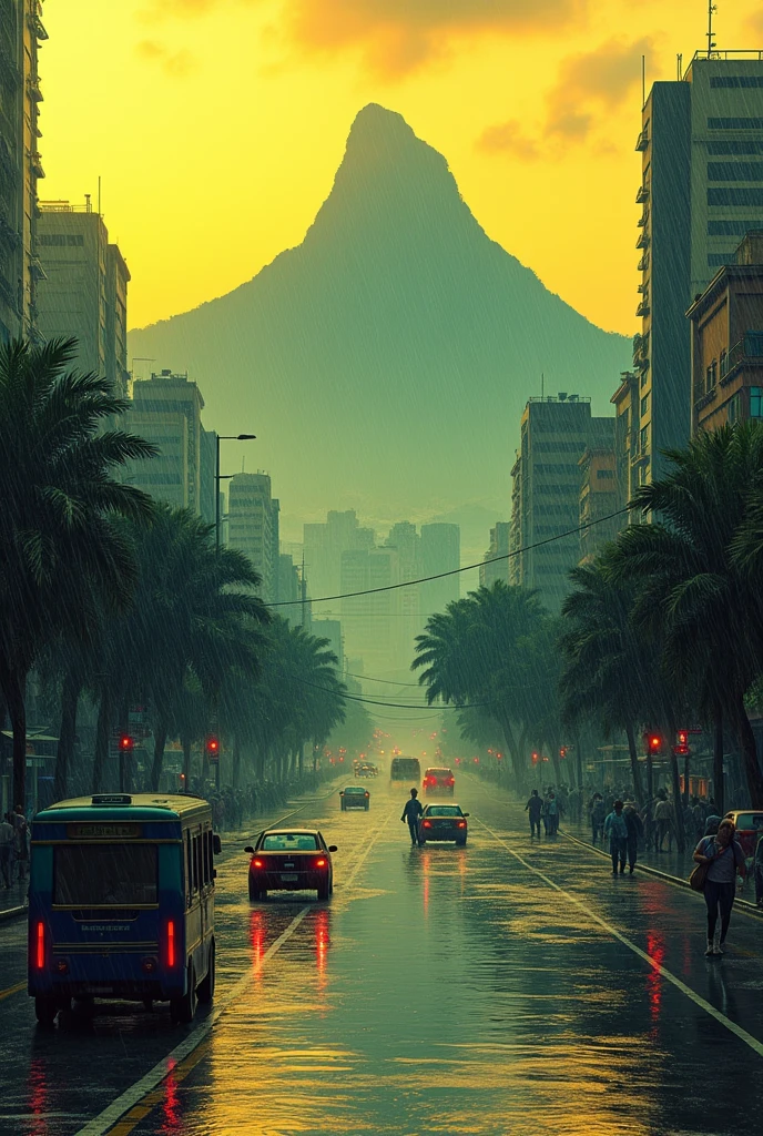 Caracas city, Venezuela and the Ávila mountain, yellow sky with red, lots of rain city completely flooded with water