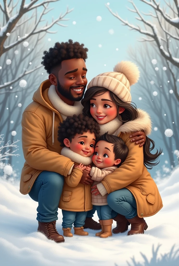 image of a snow family , black father light mother,3 children, d 8 and a girl aged 1, 2 boys and a girl