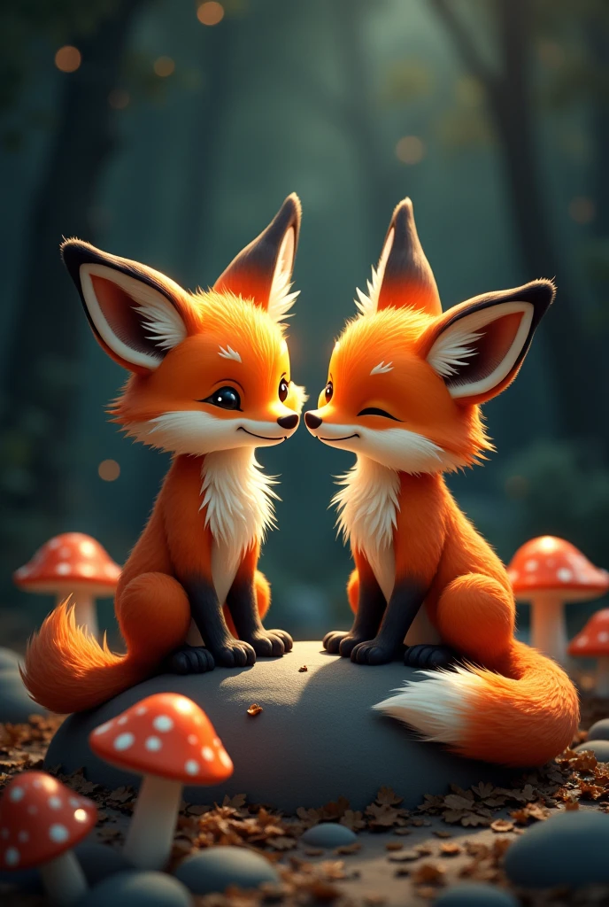 Cute fox couple,sitting on rock,black Background,spotlight,comic,Steampunk,
, bokeh,mushrooms,glowing outlines,Pop Art stil,urban