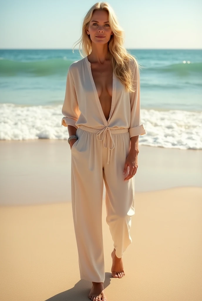 Hot blonde normal weight 40 year old woman standing on beach wearing closed cover up pants and top. Zoomed out Full Front view show legs and feet
