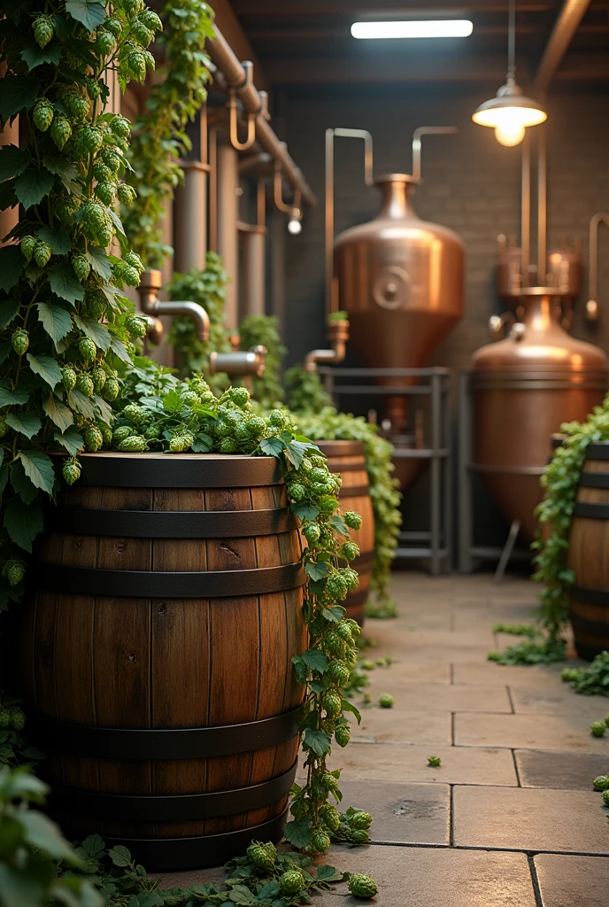 Beer barrels with hops, brewing machines of the 20th century