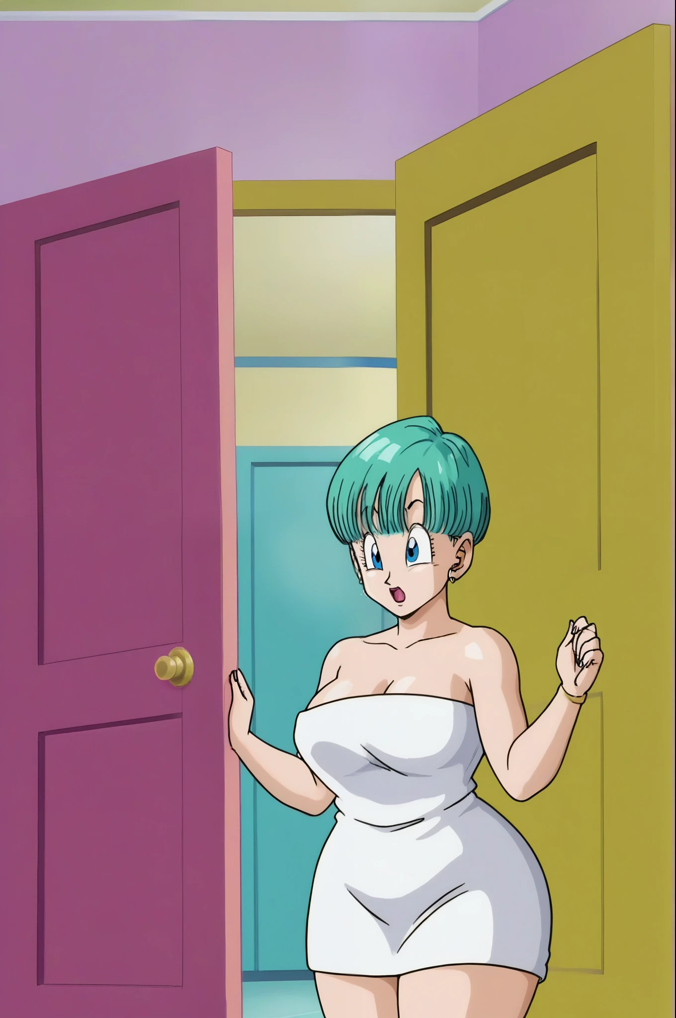 source_anime, score_9, score_8_up, score_7_up, anime screencap, bulma buu saga, big breasts, thick thighs, wide hips, big ass, huge ass, naked, curvy, enormous bottom, milf, huge butt,
buu saga, aqua hair, very short hair, bowl cut, blue eyes, wearing bath towel, wet hair, shocked, open mouth, indoors, door, dark room, wet skin, large ass, big booty,