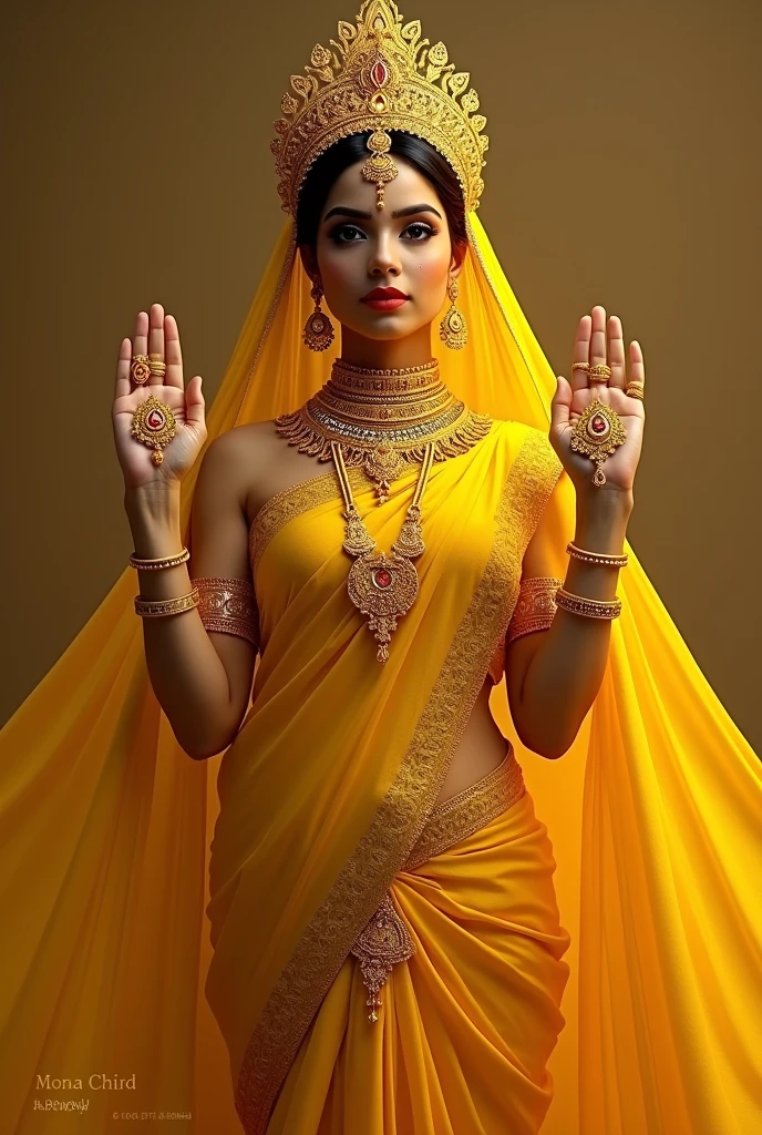An Indian woman wearing a yellow saree with two huge gold rings in her hand, her hands half raised to her shoulders, wearing a crown and holding a golden saree. Gathered in a golden robe