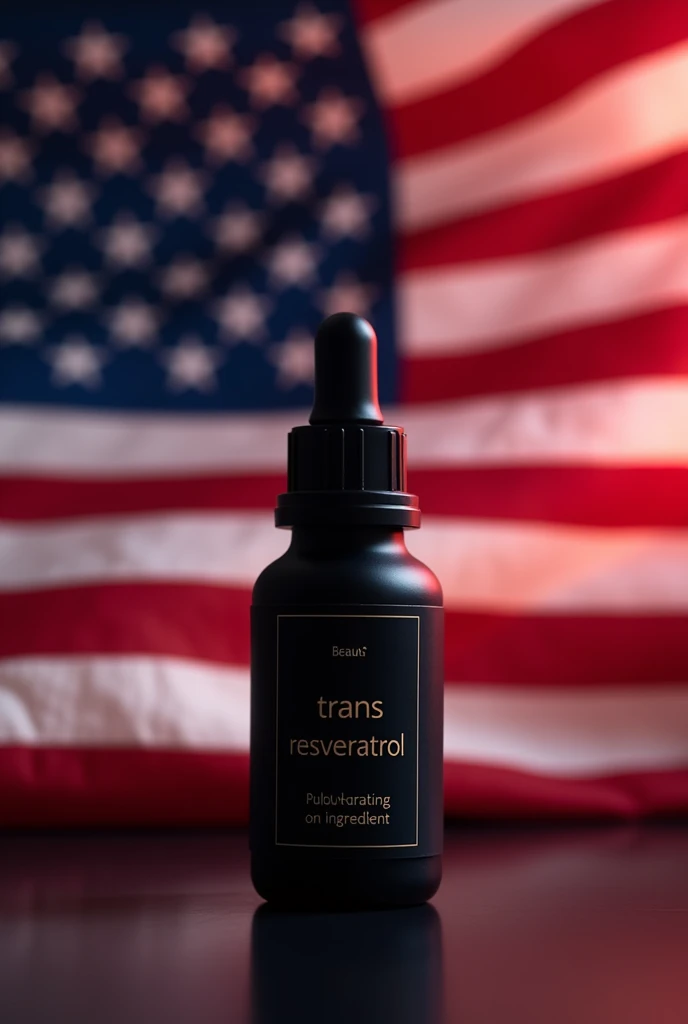 A scene with a beauty product in a dark bottle with a dropper with trans resveratrol written on the label, behind this bottle is a US flag.