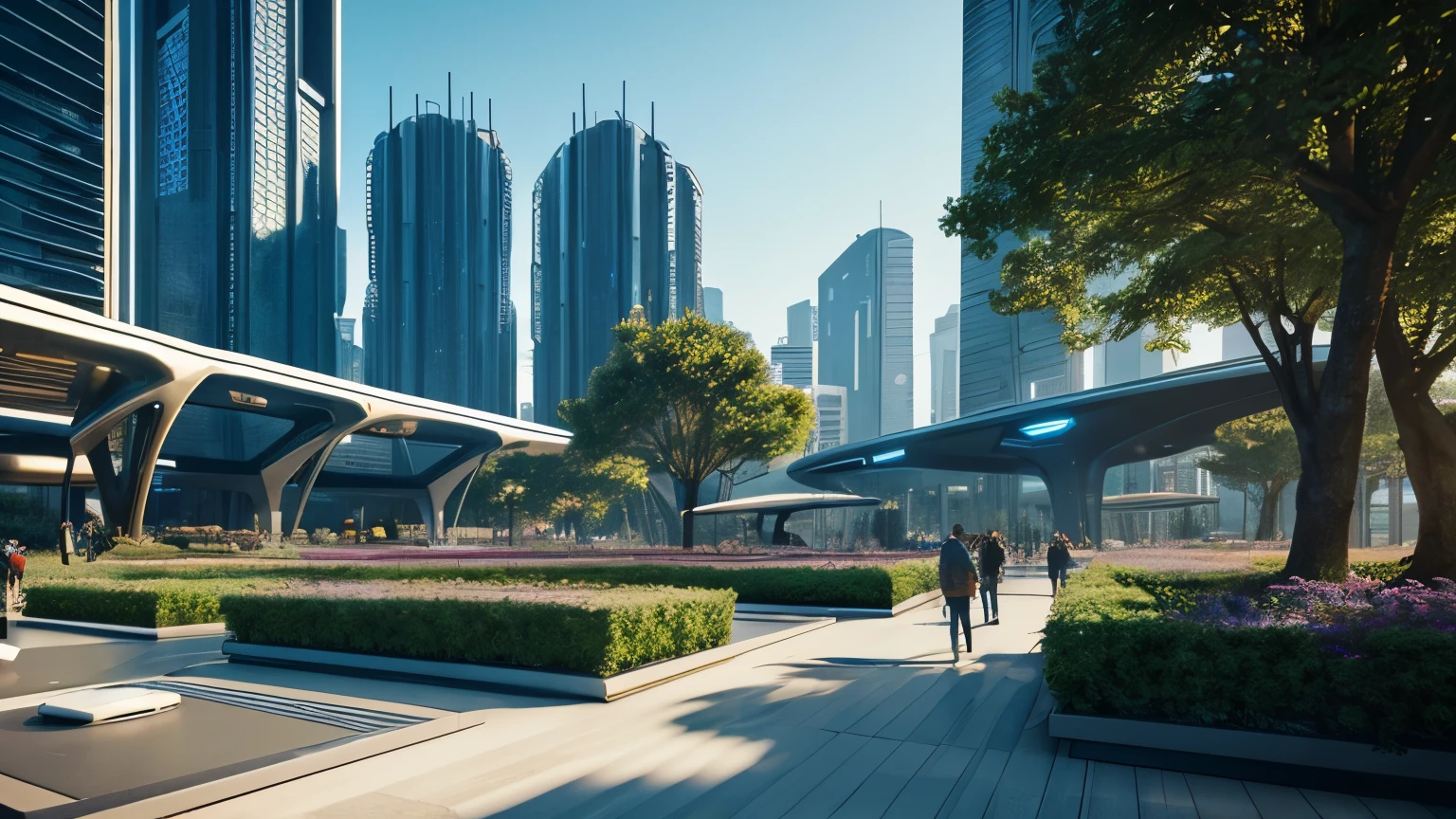 scifi, beautyful futuristic park, architectual, space design, cyberpunk, futuristic, hightech, hard-surface design, daylight, much tech, much electronic, very cozy, ambient light, realistic view, wide angle, year 2224