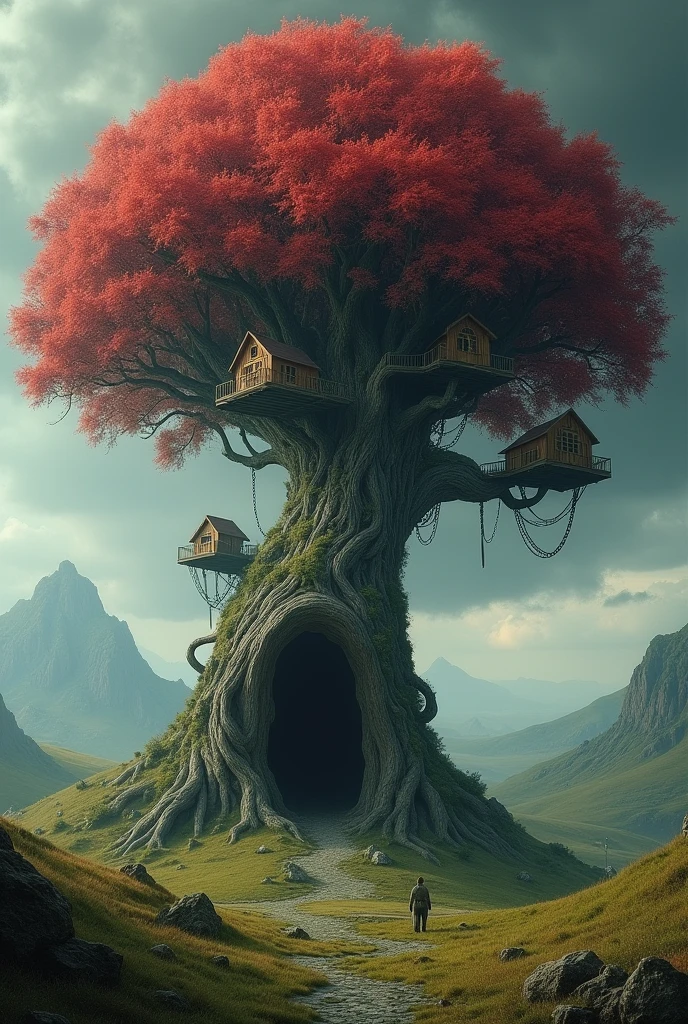 A landscape with a giant tree in the center, Surrounded by grass and hills. Its twisted branches support platforms with carved houses. At its base there is a mouth-shaped hole that leads to its interior.. Its leaves are red as blood and the sky is gloomy, Announcing a storm.