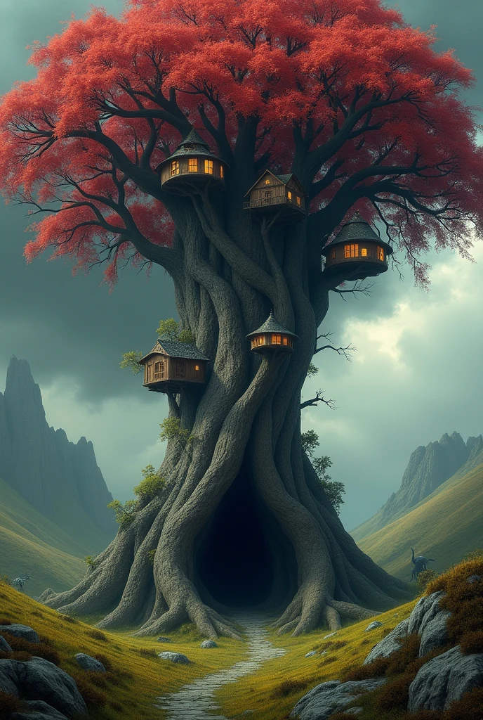 A landscape with a giant tree in the center, Surrounded by grass and hills. Its twisted branches support platforms with carved houses. At its base there is a mouth-shaped hole that leads to its interior.. Its leaves are red as blood and the sky is gloomy, Announcing a storm.