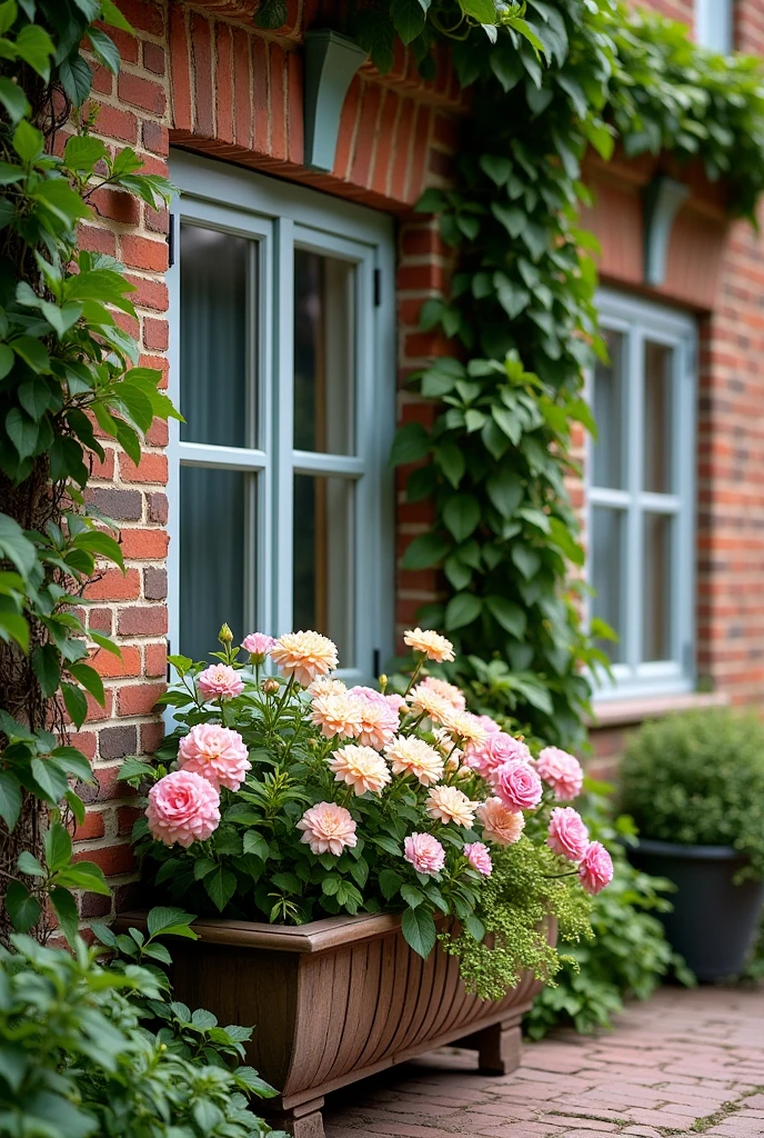 wall of a house with windows high up and flowers in the planter