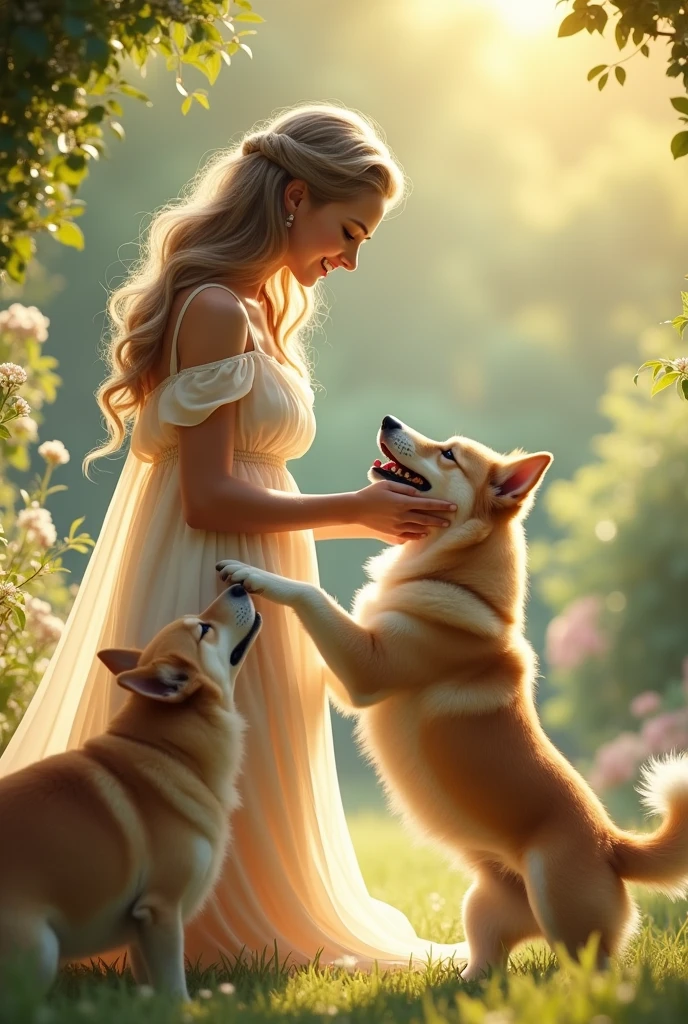((top quality)),(ultra high resolution),(Super detailed),(detailed description),((best CG)),(finest works of art),super precision art,amazing art of depiction,(Art with precise depiction in every detail:1.5), (1 woman:1.5),dress:1.6, (dog:1.6),snuggle up to her:1.8, rose garden:1.7
