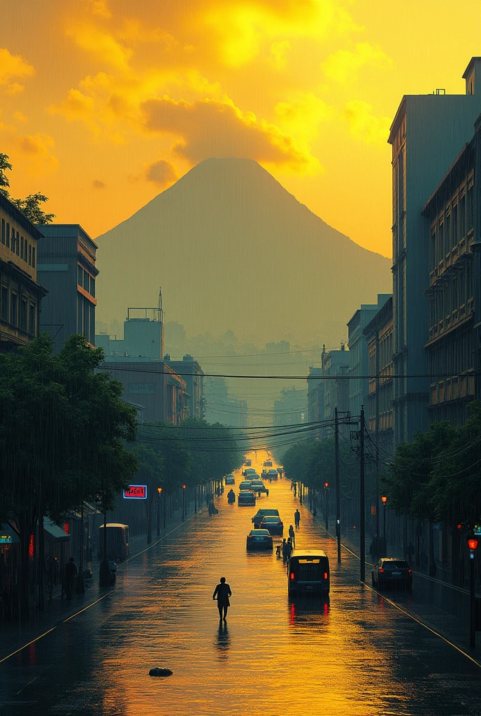 Caracas city, Venezuela and the Ávila mountain, yellow sky with red, lots of rain city completely flooded with water