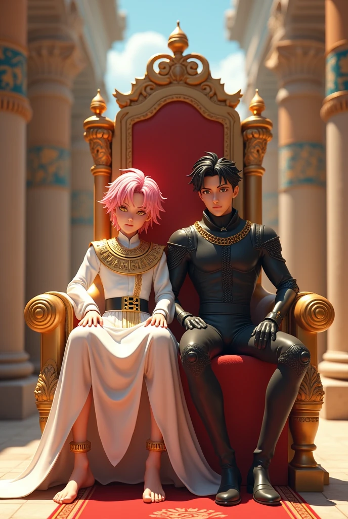 3D anime style image of a young boy, with a slim body and elegant curves, pink hair and yellow eyes sitting on a throne in white Egyptian emperor clothes and sitting next to the throne on the floor a 25 year old young man, muscular body, with black hair and red eyes dressed in tight black anime knight clothes