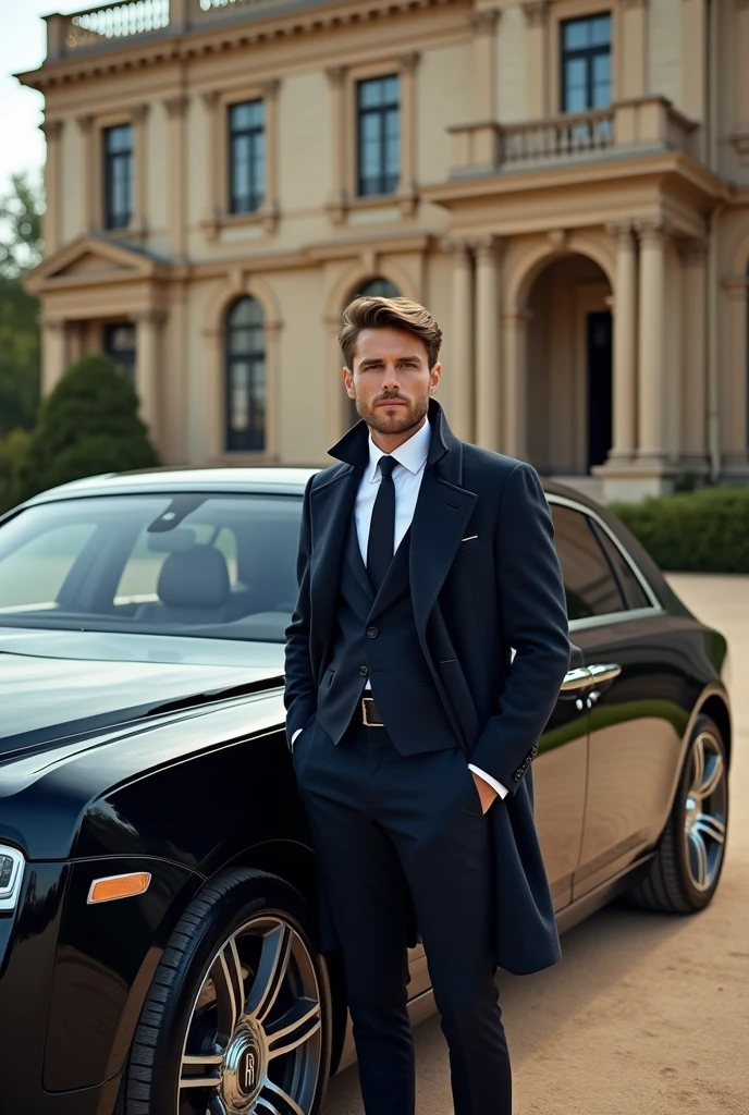 A man with coat suit and standing aside on new rolls royce ghost and the background in a big house.

