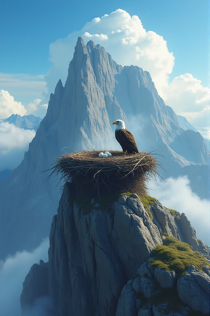 "A wide shot of a towering, rugged mountain under a bright blue sky. The camera slowly zooms in to reveal an eagle's nest perched high on the mountain's peak. The eagle, majestic and powerful, is seen sitting on its four eggs."