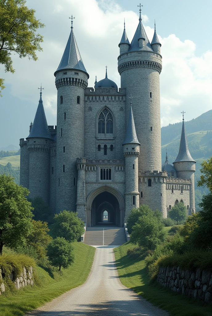 create a realistic castle, he is facing forward and approaching. there is a road coming out of it