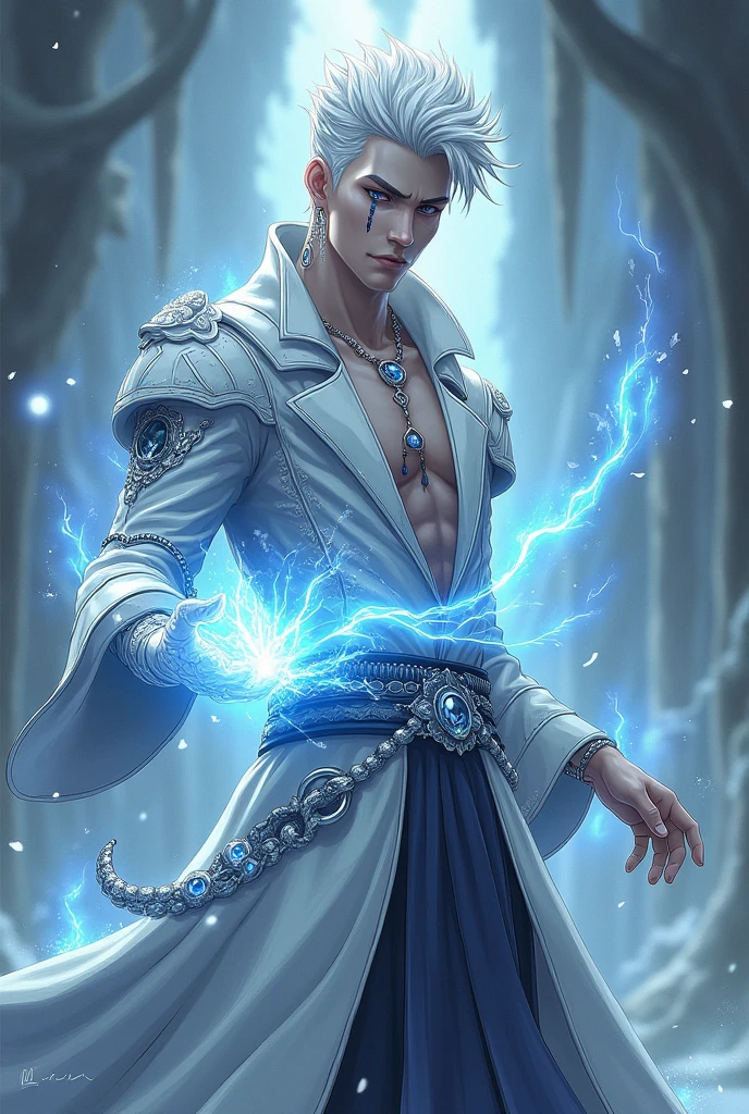 dnd, dungeons and dragons, yuan-ti pure blood, snake man, sorcerer, slender, assassin, ice, cold, magic, casting a spell, solo, single person, portrait, action pose, pale white skin, symmetrical silver and white snake scales on face and arms, thick vertical black line tattoo on bottom lip and chin, short spiky white and silver hair, light grey eyes, handsome, male, anime, ornate silver robes, silver jewelry with blue gems, frost, ((masterpiece, best quality)), trending artwork