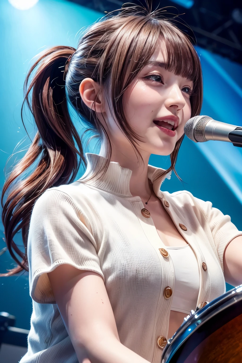 realistic, a drummer, playing red drums, rock band, on the stage of the concert, brightly lit by spotlights on the stage, extremely bright lighting, wearing red cardigan and white shirt, mediuam-length light brown hair, pony-tails hairstyle, hair is blowing in the wind, hair is shaggy and dishevelled, beautiful white-colored translucent skin, sweat splashes, glamorous figure, very large breasts, little or no skin exposed, natural makeup, small nose, smooth shaped jawline, glossy face, heavy flushed cheeks, big smile