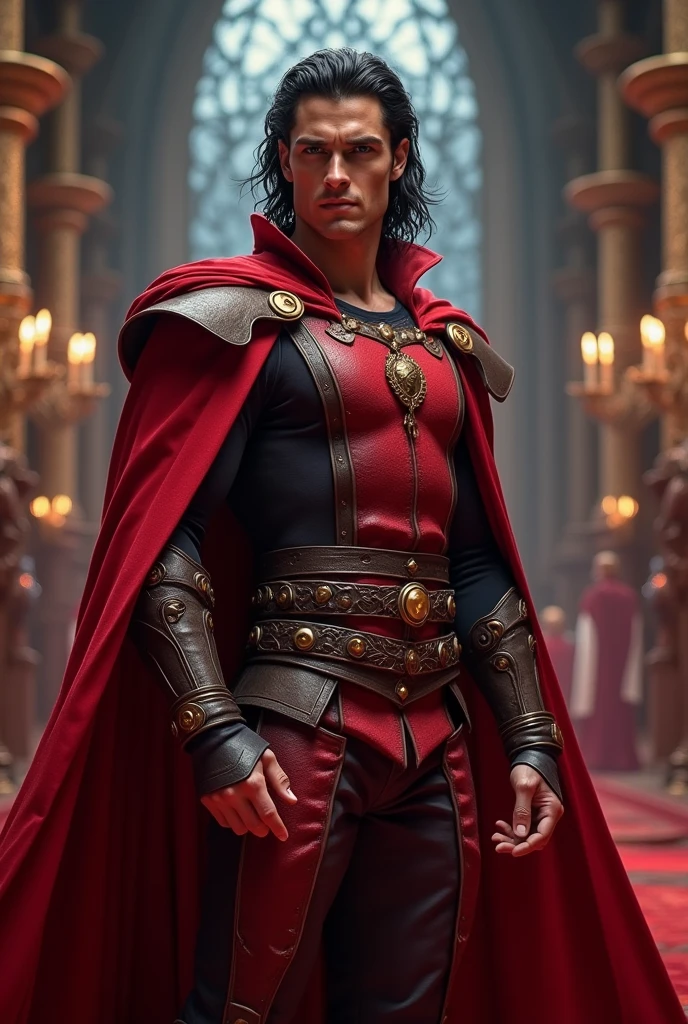 Handsome Prince , 1, powerful, blood magic, wears crimson red colors, medieval, Henry cavill looking, muscular, dark hair, mysterious, tall, courageous, big muscular arms, white, blue eyes, English descent. Henry cavill, hot kingdom, young, beardless