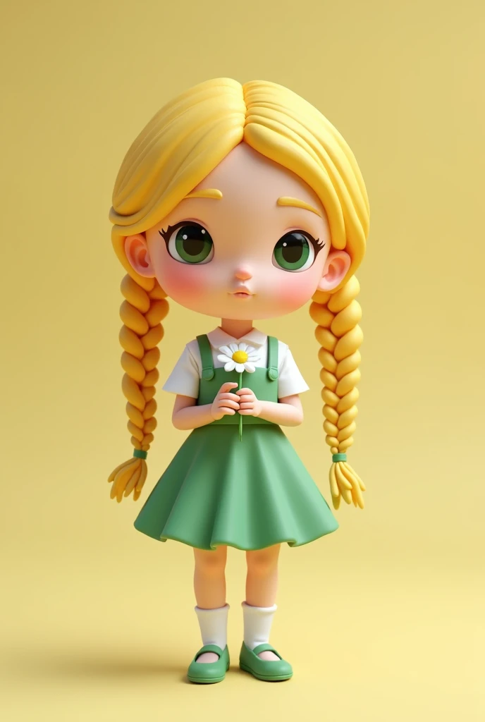 Cute with blonde braids, wearing a short green dress, holding a white daisy, 3D Rendering, solid color background, specific, chibi anime, surrealism, cartoon style, full-body shot, super detail, anatomically correct, masterpiece, precise