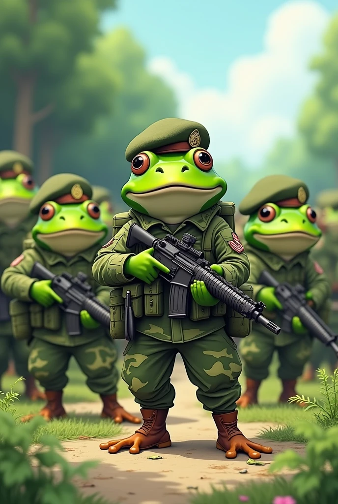 Give me an animated illustration of lots of green frogs dressed like they're in the military and they're standing with their weapons and military equipment but they have northern hats on.