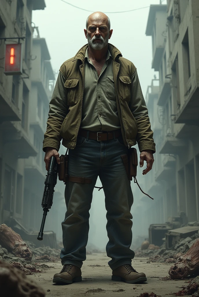 man in the zombie apocalypse being the last survivor with a gun