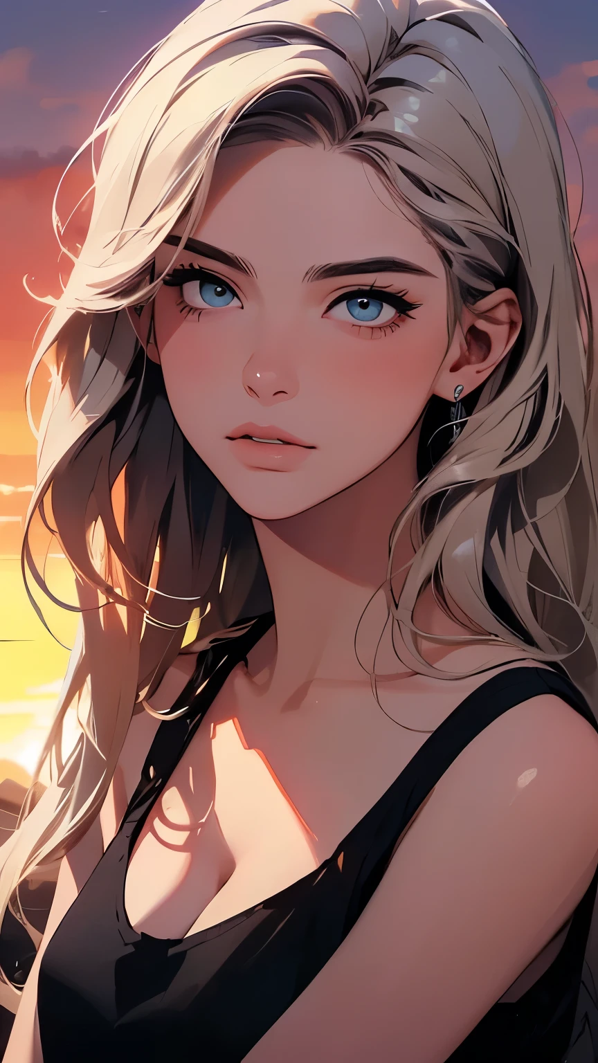 Amazing portrait of a 18 year old-blonde beauty, pale blue eyes, sexy woman her blonde hair long and wavy, seductively gazing, and soft lips,, ((very long hair)), {{Azure eyes}}, makeup, beautiful, high definition, masterpiece, best quality, high detail, high detailed eyes, grain filter, Detailed lips, high resolution, (perfect anatomy), perfect hands, perfect face, perfect eyes, chin, perfect face, cleavage, black tank top, Denim cropped jacket, 2d illustration, anime, a painting portrait in fine arts, in manhwa style, (cinematic lighting, perfect lighting), (cinematic angle), (vivid colors), very detailed. very high resolution, sunset, realism, farm, 1980s western setting