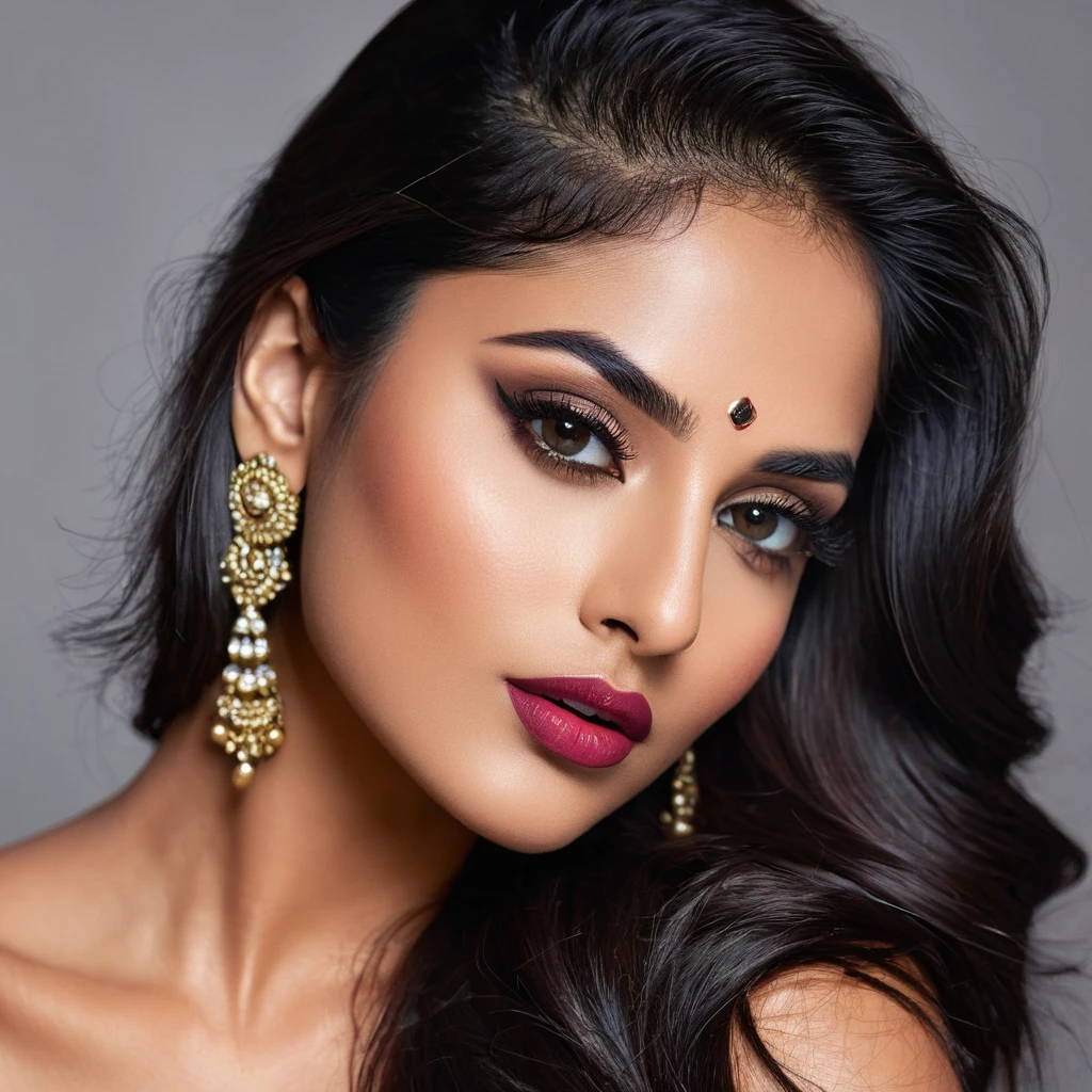 Generate a realistic image of a hot Indian brunette influencer with a striking, sensual expression. Her face should feature smooth, even skin with bold makeup that includes smokey eyes and a glossy lip. Her dark hair should be styled elegantly to complement her features, and she should be dressed in a chic, y outfit that highlights her allure.