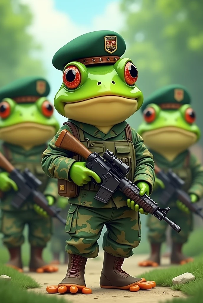 Give me an animated illustration of lots of green frogs dressed like they're in the military and they're standing with their weapons and military equipment but they have northern hats on.