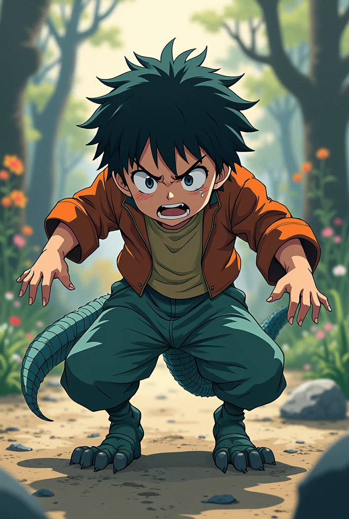 A boy's lower_body is becomed to a dragon(four legs)(Japanese anime style)(scared and crying)(three tails)