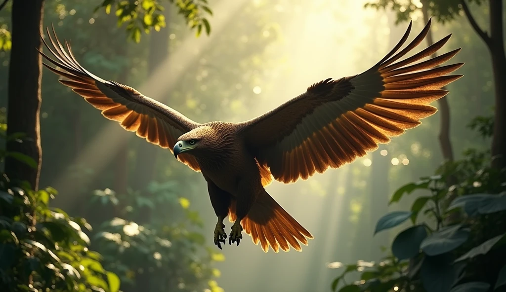 A majestic creature that is the perfect blend of eagle and a mammoth soars through the jungle. The creature's wings are spread wide as it glides through the air. Sunbeams filter through the trees, casting a play of shadows and light on the creature's body. The creature flies through the jungle. The photograph is a masterpiece of professional photography, with a totally realistic depiction of the eagle/mammoth hybrid creature in flight
