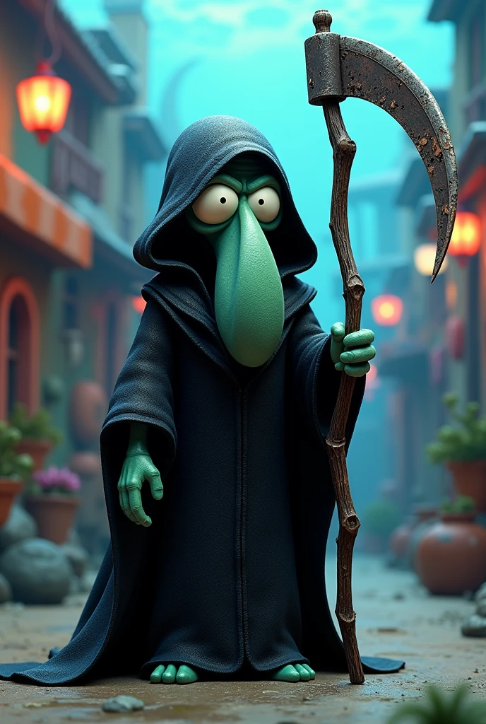 Squidward in Bikini Bottom wearing a death costume with a scythe in his hand
