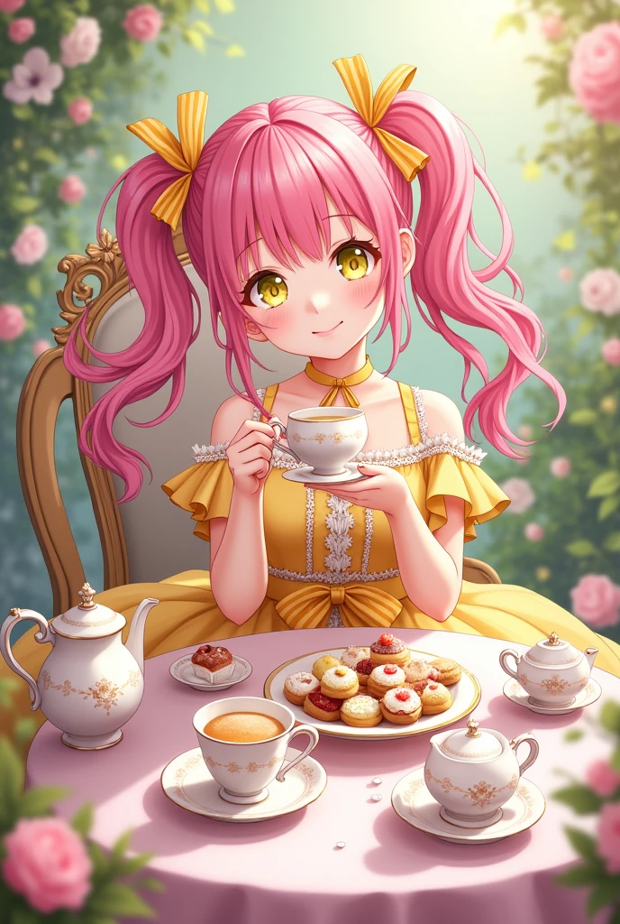 Pink Hair。Twin tails。Yellow-green eyes。A young lady in a lemon-colored dress。Tea party。