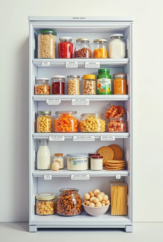 Create each of the 5 shelves and Fridge
(as if it were a front photo), indicating the number of each shelf.
Write the name of each product where it will be stored on the shelves.. In the fridge,
just list without tidying up.