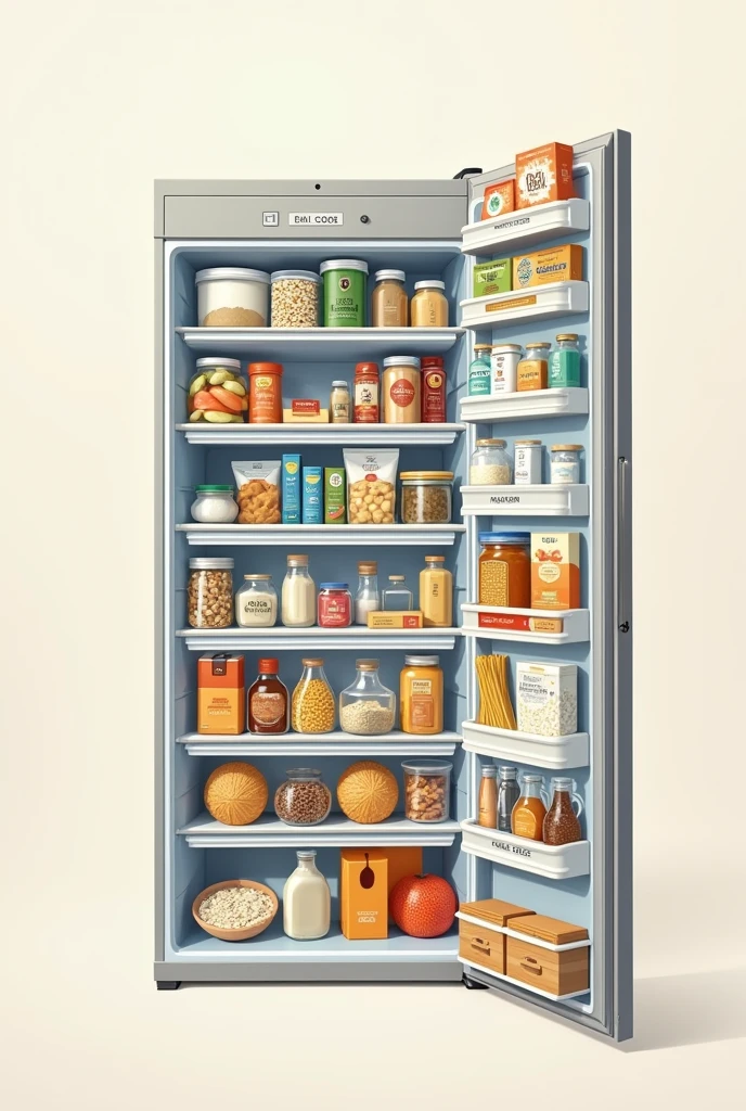 Create each of the 5 shelves and Fridge
(as if it were a front photo), indicating the number of each shelf.
Write the name of each product where it will be stored on the shelves.. In the fridge,
just list without tidying up.