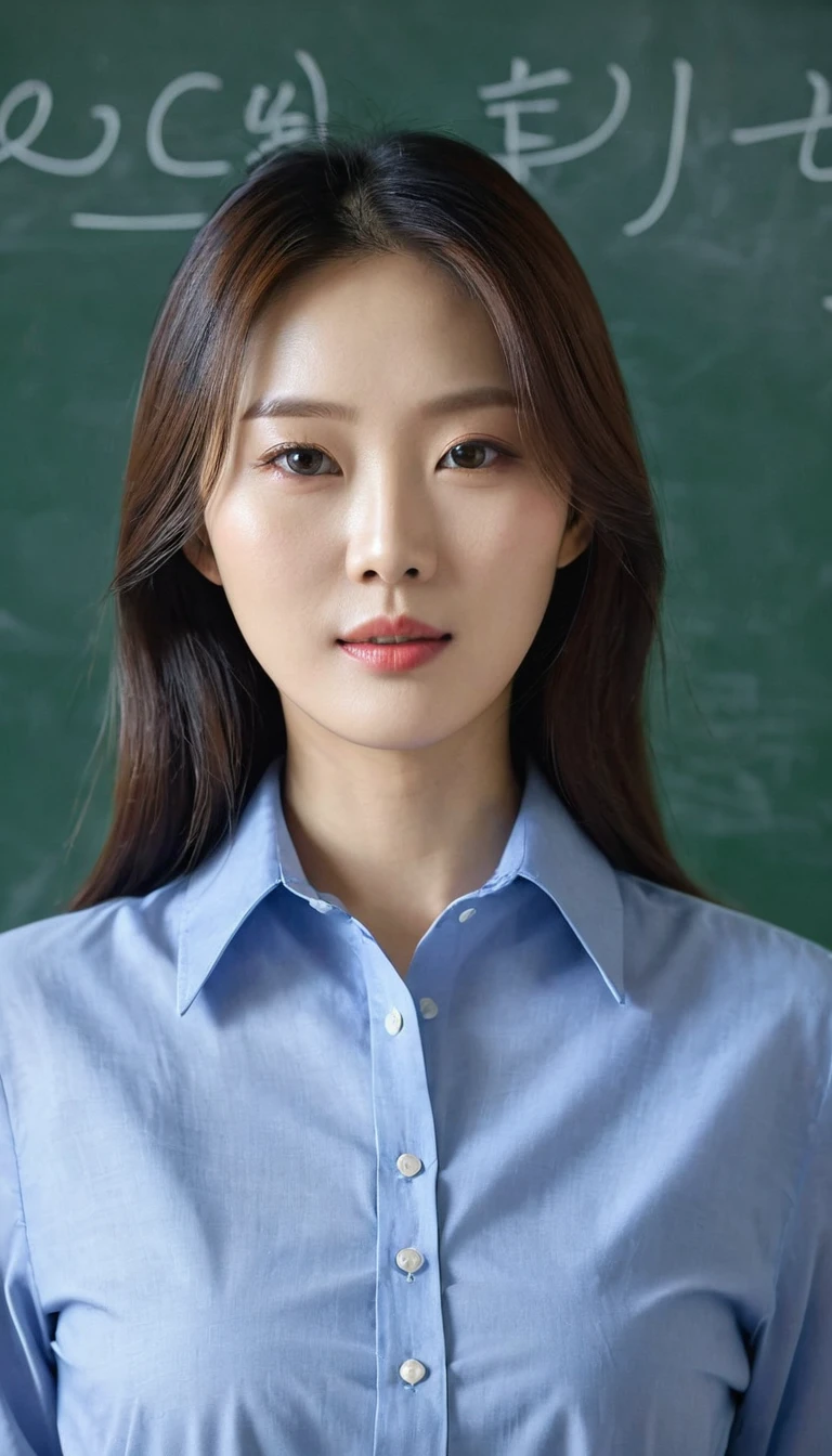 Close-up photo of a very beautiful Korean woman, Bust size 34 inches, Wearing a thin blue long-sleeved collared shirt, Written on the blackboard, UHD