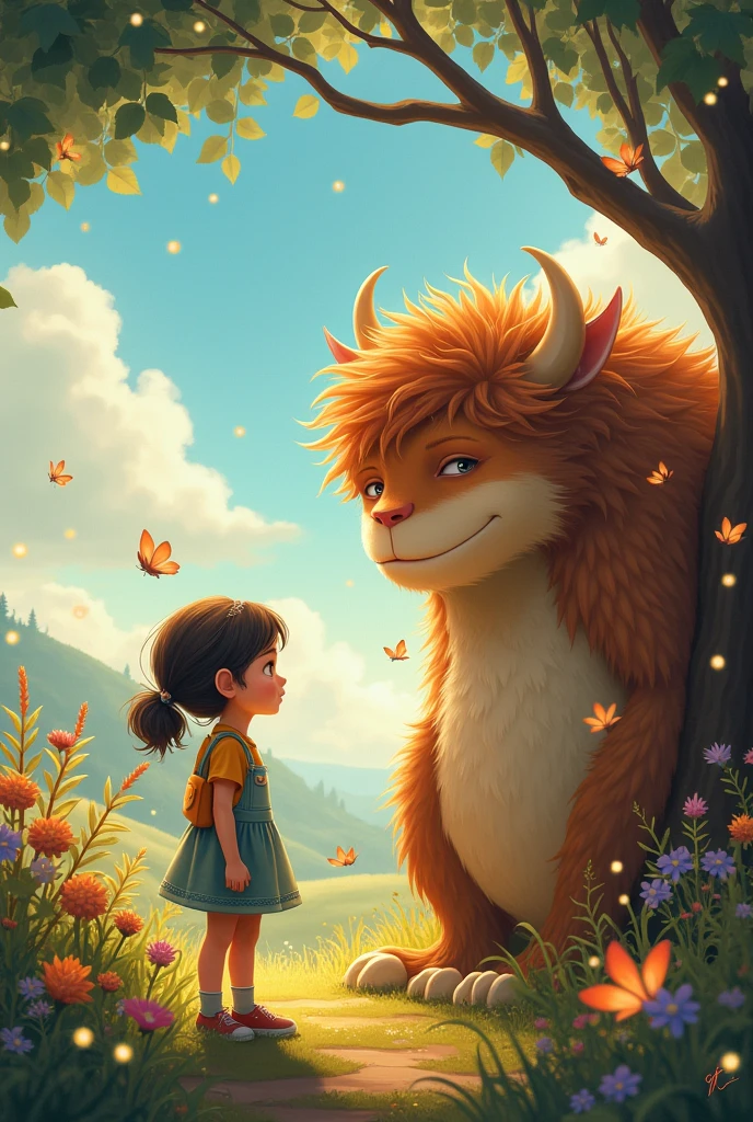 Create an image for story books 
Gathering her courage, Ellie stepped closer, and to her surprise, the monster turned and smiled warmly, introducing himself as Benny.