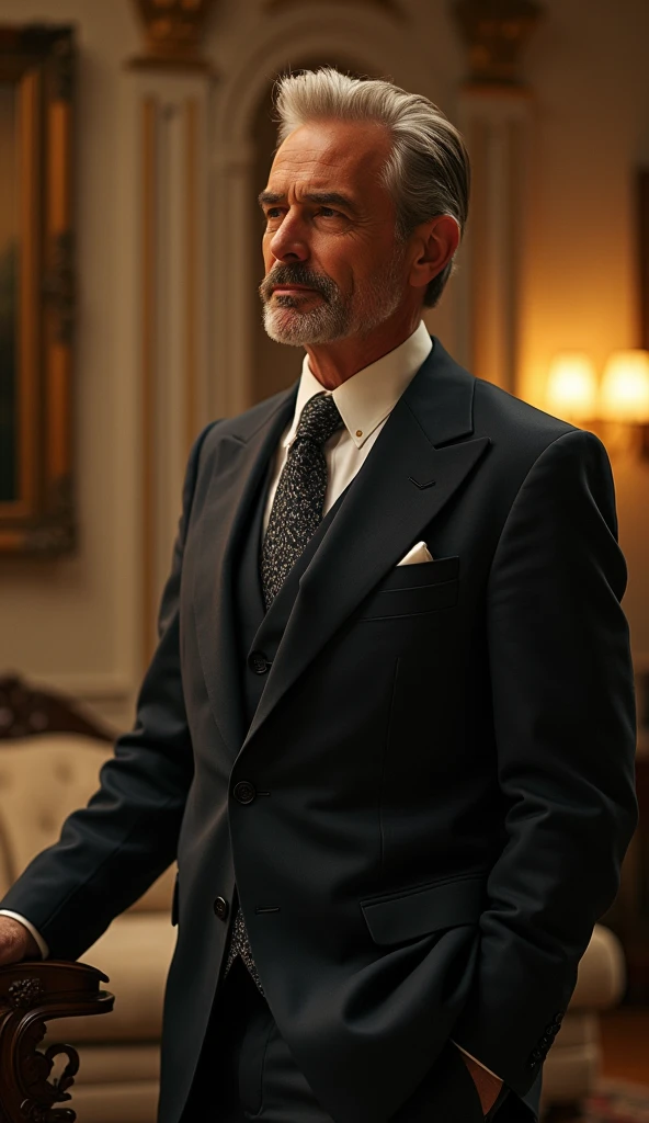 Mr. Harris is a man in his mid-50s, impeccably dressed in expensive tailored suits. He has graying hair neatly combed back, and his face shows signs of a life of comfort, with soft skin and a well-groomed beard. He often appears polished, with a sense of pride and success. Describe Mr. Harris’s evening inside his mansion. Show how he becomes distracted and forgets his promise to Mr. John. Focus on Mr. Harris’s busy life and his eventual realization that he has forgotten someone outside.