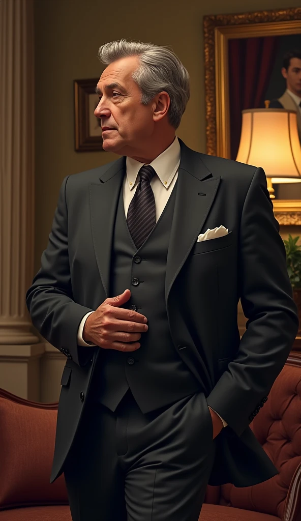 Mr. Harris is a man in his mid-50s, impeccably dressed in expensive tailored suits. He has graying hair neatly combed back, and his face shows signs of a life of comfort, with soft skin and a well-groomed beard. He often appears polished, with a sense of pride and success. Describe Mr. Harris’s evening inside his mansion. Show how he becomes distracted and forgets his promise to Mr. John. Focus on Mr. Harris’s busy life and his eventual realization that he has forgotten someone outside.