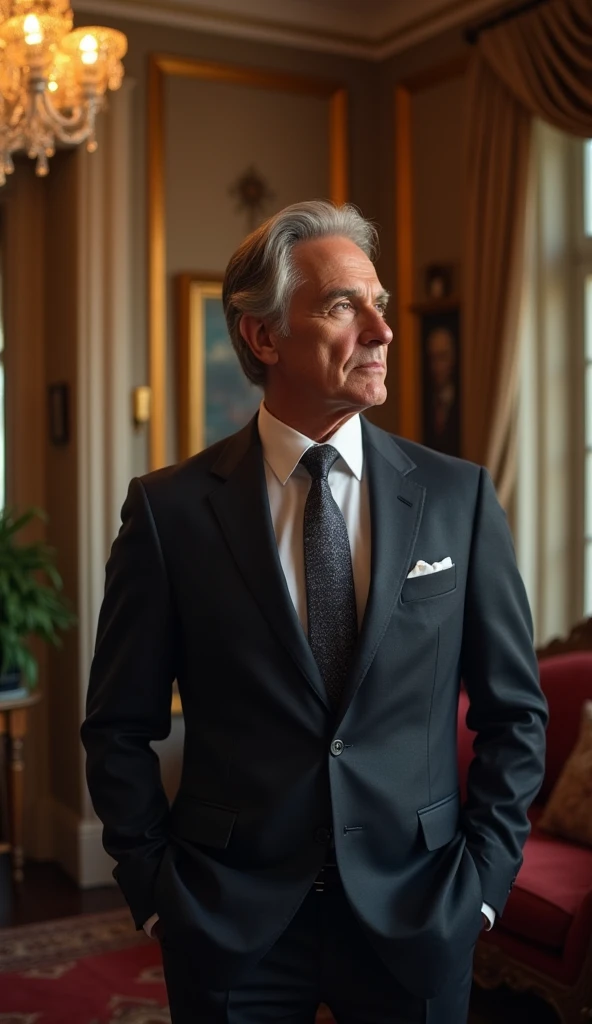 Mr. Harris is a man in his mid-50s, impeccably dressed in expensive tailored suits. He has graying hair neatly combed back, and his face shows signs of a life of comfort, with soft skin and a well-groomed beard. He often appears polished, with a sense of pride and success. Describe Mr. Harris’s evening inside his mansion. Show how he becomes distracted and forgets his promise to Mr. John. Focus on Mr. Harris’s busy life and his eventual realization that he has forgotten someone outside.