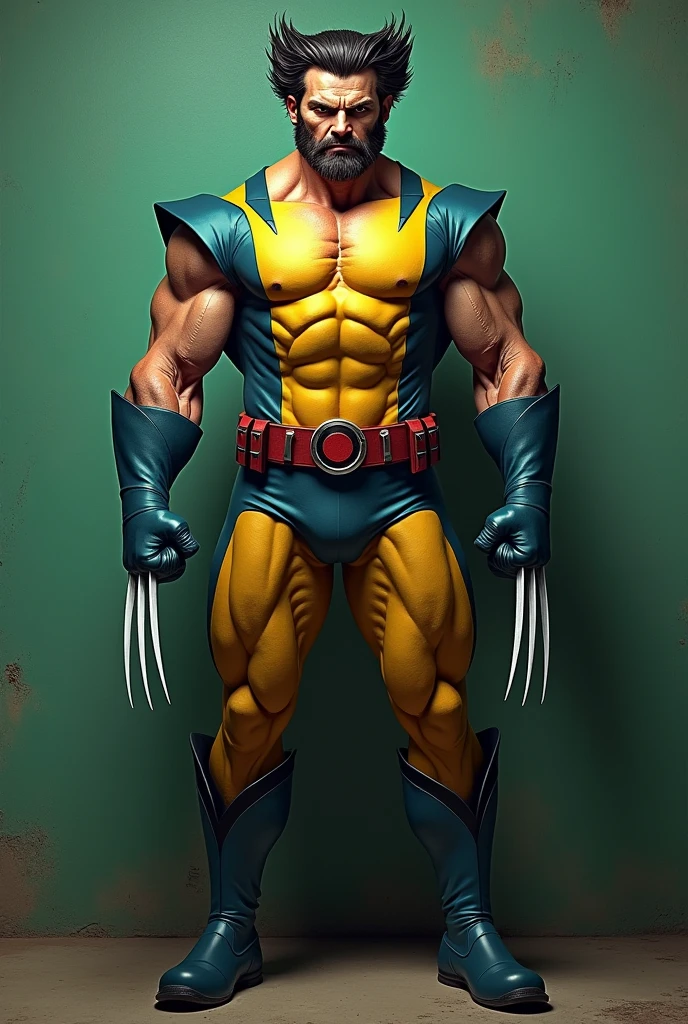 Create a realistic image of the wolverine with the large sideburn, de corpo inteiro,  put a plain green wall in the background, for withdrawal of the fund later 