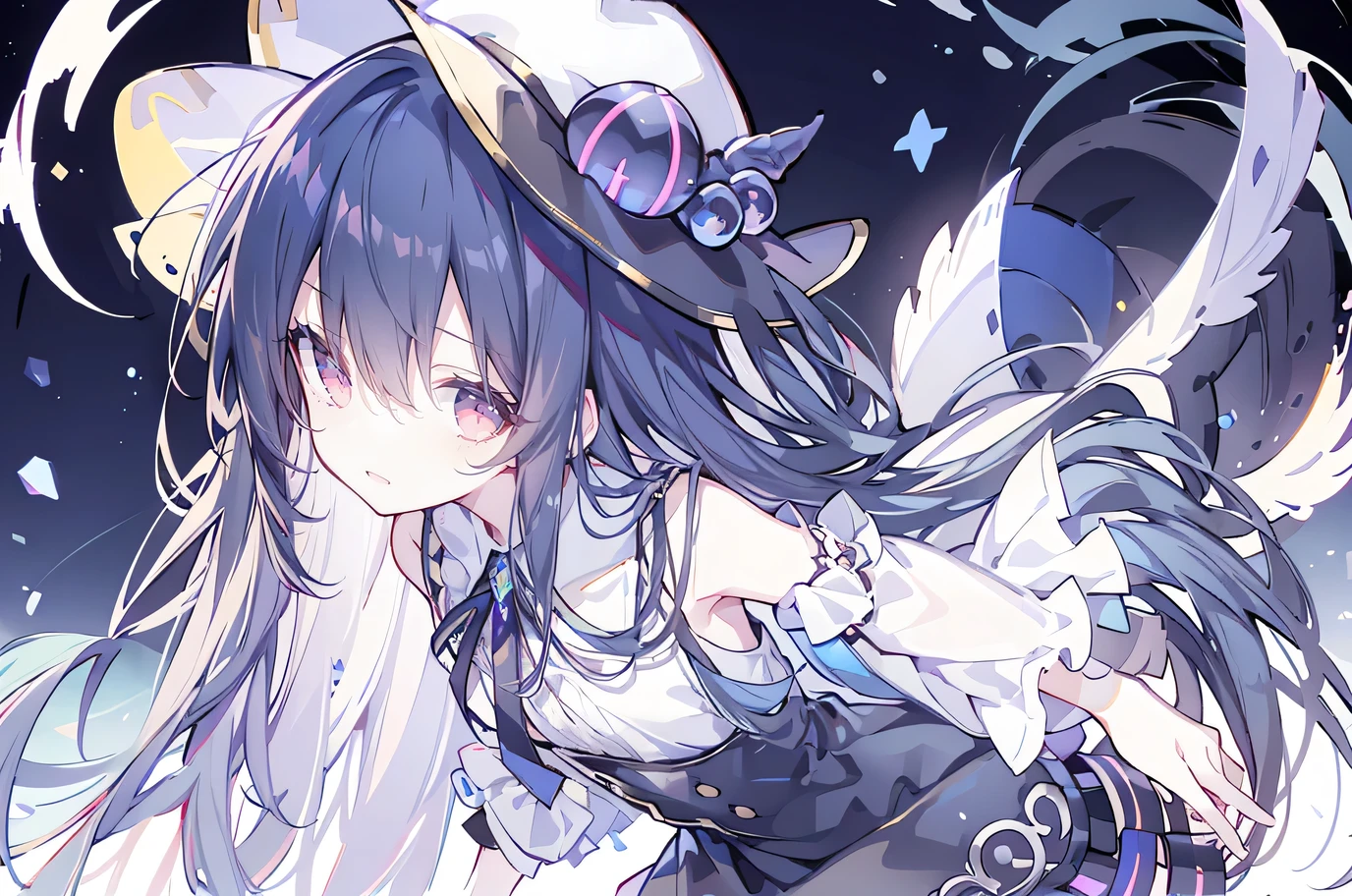 oung Girls,Humanity,A magician always smiles,big witch hat,cute,dark blue long hair,The eyes are dull,The bangs are heavy,Thin eyebrows,fantasy,intake,Double teeth,Star Theme,Constellation pattern,Solid color clothetal decoration,cloak,A bit of a dark atmosphere,A little crazy smile,When the big moon shines outside at night,blood,Hair black star embellishment,Short tie,No nails,High waist skirt,Bell sleeves,Long-sleeved shirt,Black tie,low risk,gentlemen。Mist、Yellow and white effect，Shocking pink as an accent color,1 girl.