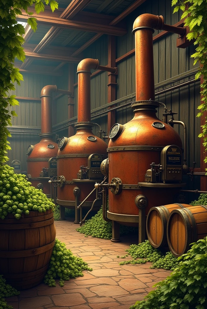 20th century brewing machines with hops and barrels