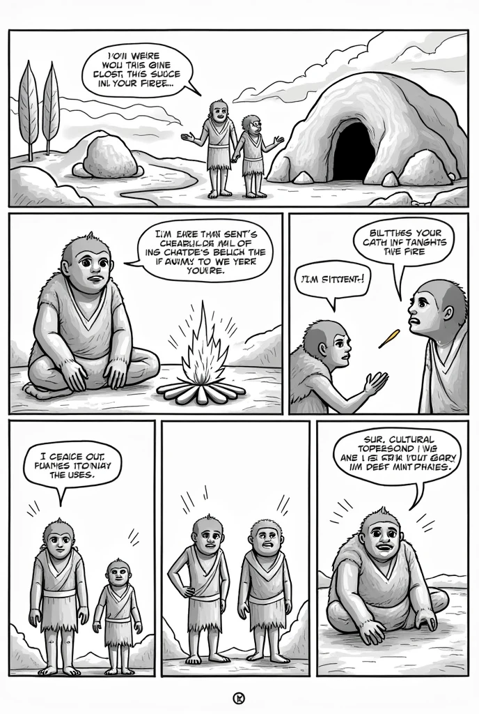 Page 1: Introduction Panel 1:
• Bottom: Draw a prehistoric landscape with a cave in the center, simple trees, and mountains on the horizon. Add a lit fire near the cave.
• Characters: It shows three primitive characters dressed in animal skins., around the fire. Two of them are trying to communicate, but it seems that they do not understand each other.
• Dialogues and Thoughts: Add speech bubbles with sounds like “Ugh!” and “Ah!” and draws expressions of confusion on the characters' faces.
Page 2: Development Panel 2:
• Characters: The protagonist is making elaborate gestures to communicate. The other characters are watching with curiosity.
• Dialogues and Thoughts: Includes speech bubbles with exclamations of surprise such as “Look!!” or “What does it do??”.
Panel 3:
• Action: The protagonist is using a stone to draw a simple figure, like a sun or an animal, on the cave wall.
• Dialogues and Thoughts: Add a thought bubble from the protagonist with something like “This will help you understand me better.”!” Page 3: Panel 4 Resolution:
• Characters: Characters are now using gestures and symbols to communicate more effectively.. Show a satisfied expression on their faces.
• Dialogues and Thoughts: Use speech bubbles to show that you are happy to understand each other., like “We get it”!” or “It works!”
Panel 5:
• Final Scene: Los personajes están celebrando su éxito en la comunicación around the fire, maybe sharing food or telling stories.
• Dialogues and Thoughts: Includes a final text that summarizes the main idea, like “And so, Little by little, Early humans learned to use symbols and sounds to communicate better.” Make it in comic with more image boxes