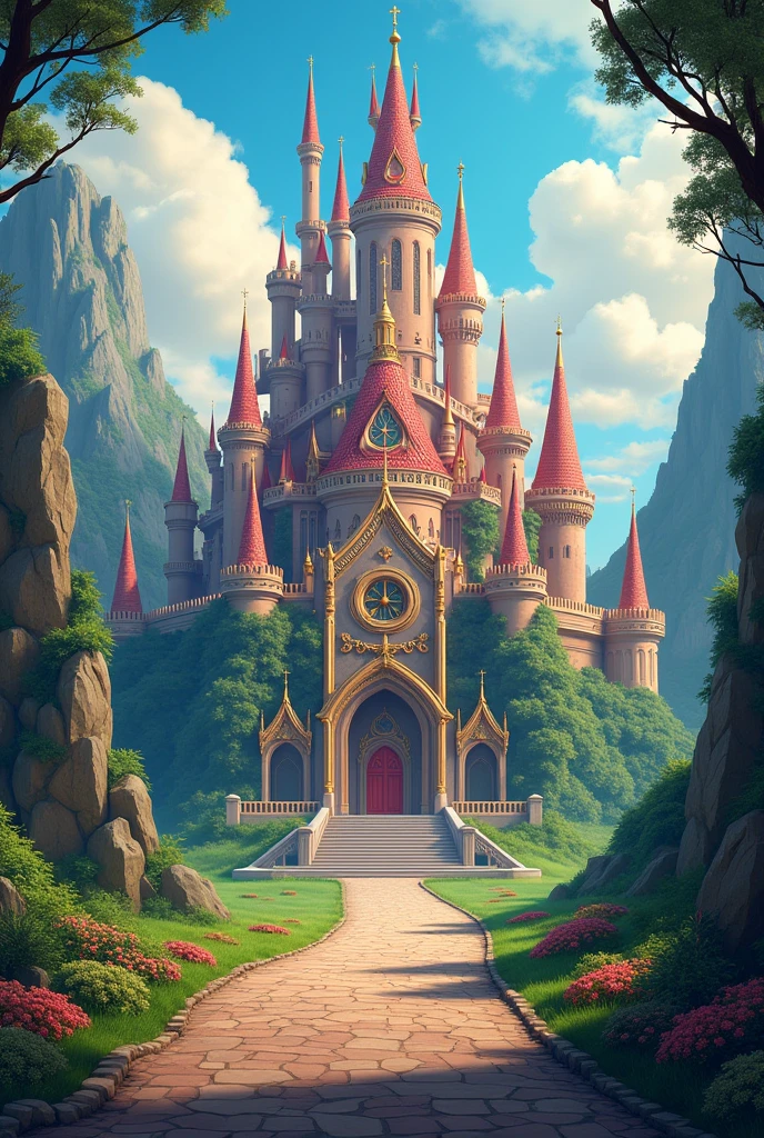 create a realistic castle, he is facing forward and approaching. there is a road coming out of it.very colorful, exuberante, sumptuous and luxurious